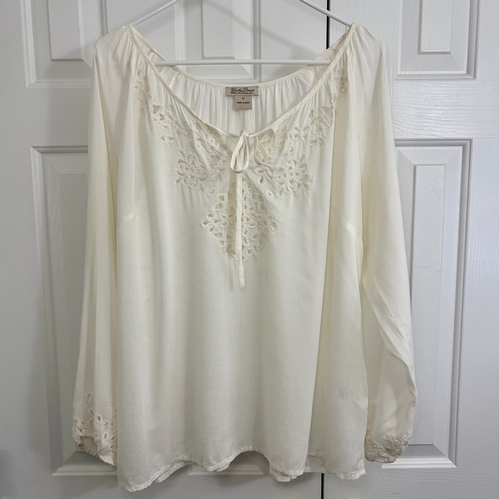Lucky Brand Cream Embroidered Tie Neck Flowy Bohemian Blouse Top Size 1X
